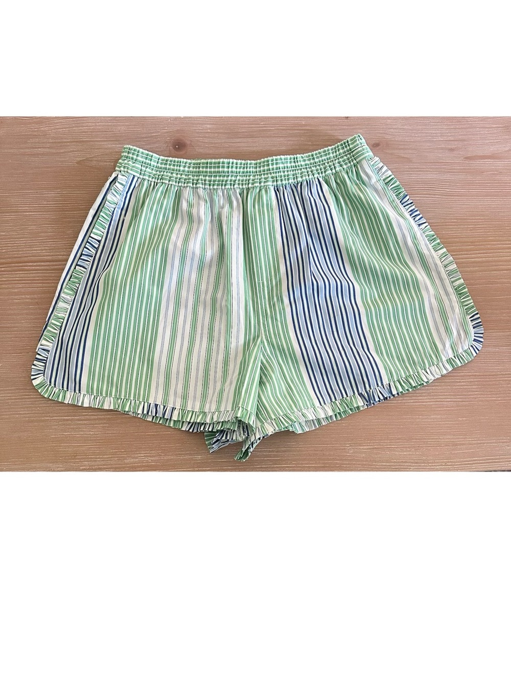 NWT Free Assembly Ruffle Trim Cotton Poplin Shorts - Green Blue Stripe - XS